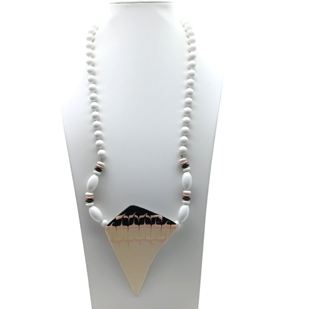 White Beaded Necklace With Geometric Gold-Tone Pendant & Black/Pink Accents